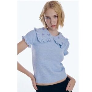 Zara Peter Pan embellished collar mohair short sleeve sweater top Small NWOT